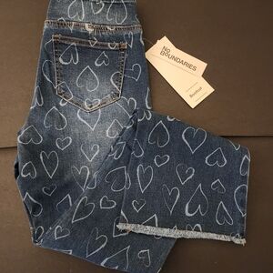 NWT, No Boundaries Women's Blue Heart Print Bootcut Jeans, Size XS (0-2)